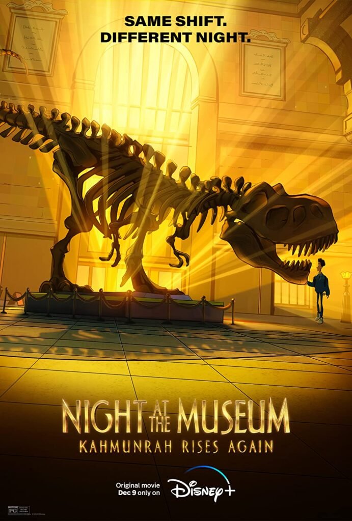 'Night at the Museum" Kahmunrah Rises Again' Review movie poster featuring the lead character and a T-Rex skeleton.